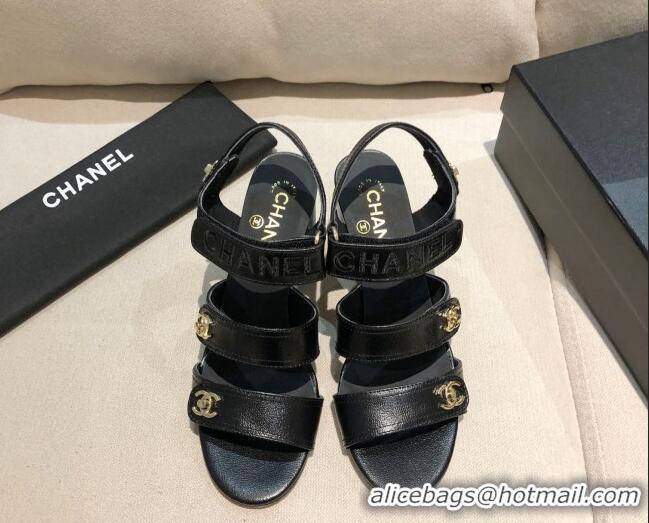 Perfect Chanel Shiny Lambskin Heel Sandals 8cm G37387 Black 2021