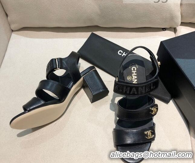 Perfect Chanel Shiny Lambskin Heel Sandals 8cm G37387 Black 2021