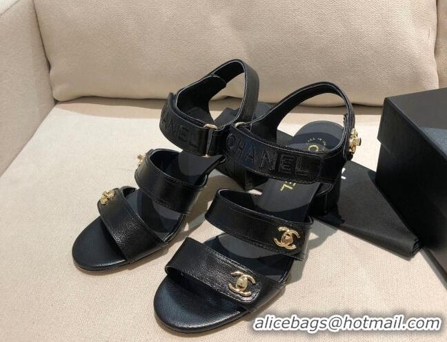 Perfect Chanel Shiny Lambskin Heel Sandals 8cm G37387 Black 2021