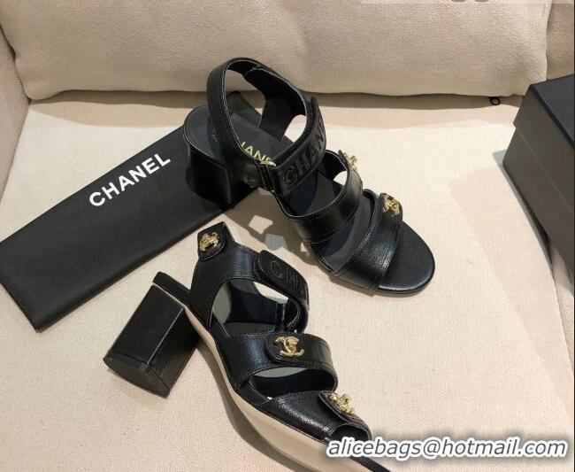 Perfect Chanel Shiny Lambskin Heel Sandals 8cm G37387 Black 2021