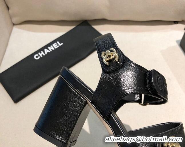 Perfect Chanel Shiny Lambskin Heel Sandals 8cm G37387 Black 2021