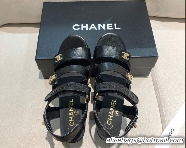 Perfect Chanel Shiny Lambskin Heel Sandals 8cm G37387 Black 2021