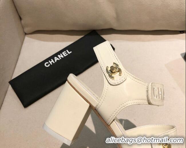 Best Luxury Chanel Lambskin Heel Sandals 8cm G37387 White 2021