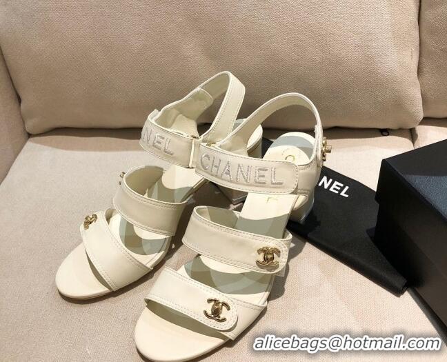 Best Luxury Chanel Lambskin Heel Sandals 8cm G37387 White 2021