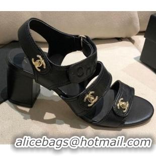 Popular Chanel Lambskin Heel Sandals 8cm G37387 Black/Gold 2021