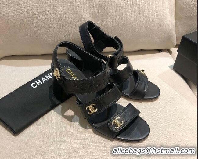 Popular Chanel Lambskin Heel Sandals 8cm G37387 Black/Gold 2021