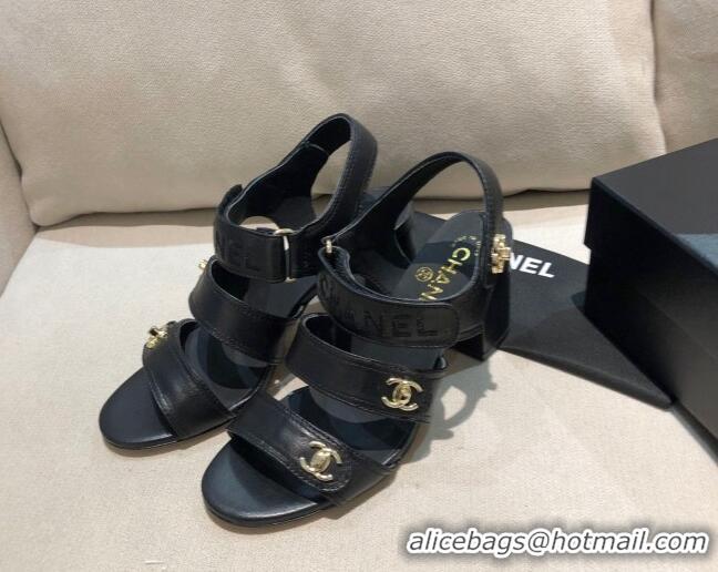 Popular Chanel Lambskin Heel Sandals 8cm G37387 Black/Gold 2021