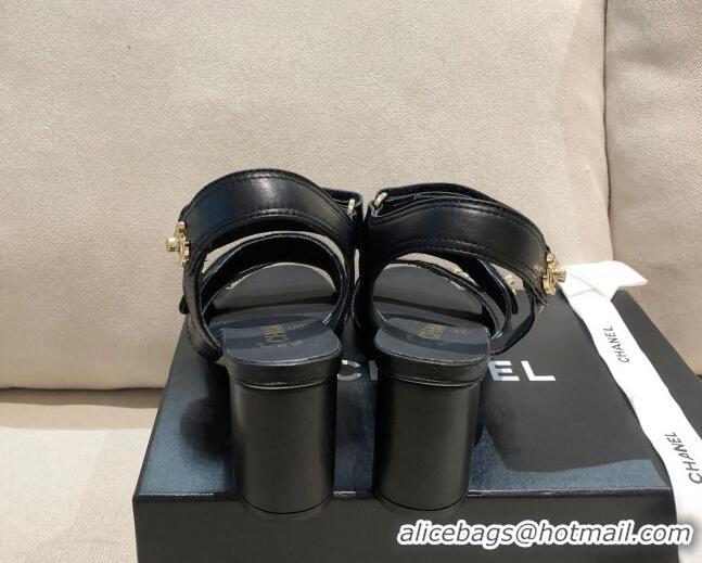 Popular Chanel Lambskin Heel Sandals 8cm G37387 Black/Gold 2021