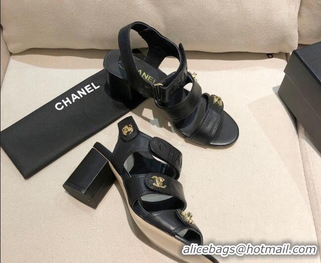 Popular Chanel Lambskin Heel Sandals 8cm G37387 Black/Gold 2021