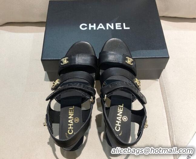 Popular Chanel Lambskin Heel Sandals 8cm G37387 Black/Gold 2021