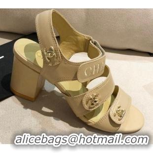 Low Price Chanel Lambskin Heel Sandals 8cm G37387 Apricot