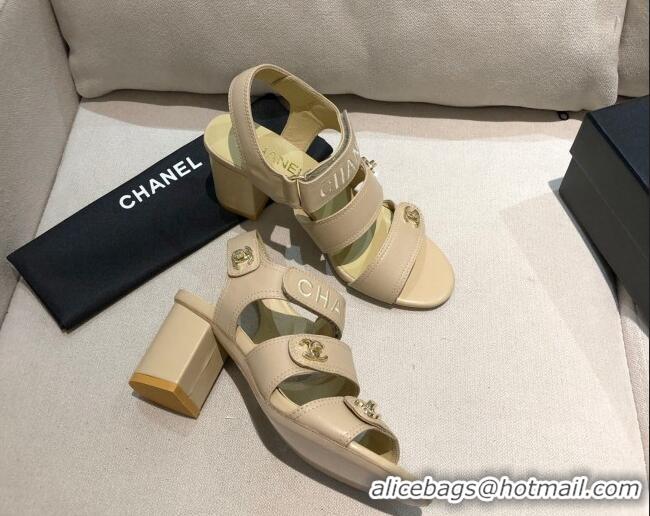 Low Price Chanel Lambskin Heel Sandals 8cm G37387 Apricot