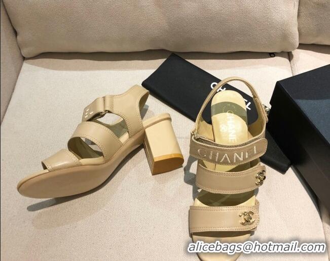 Low Price Chanel Lambskin Heel Sandals 8cm G37387 Apricot