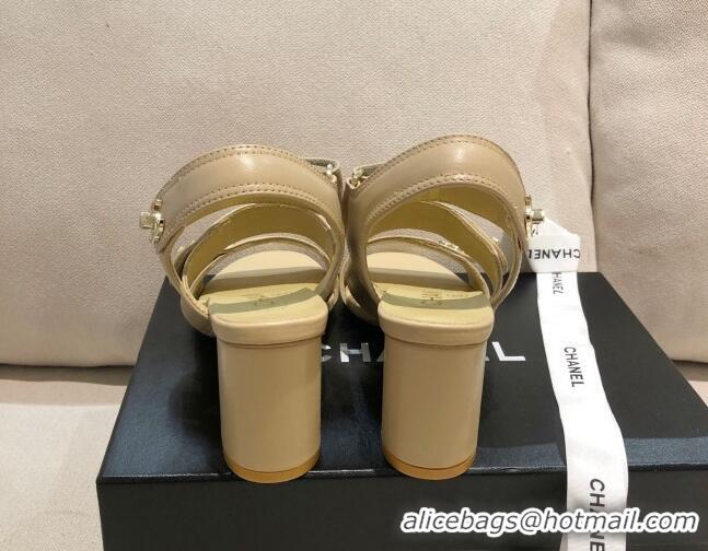 Low Price Chanel Lambskin Heel Sandals 8cm G37387 Apricot