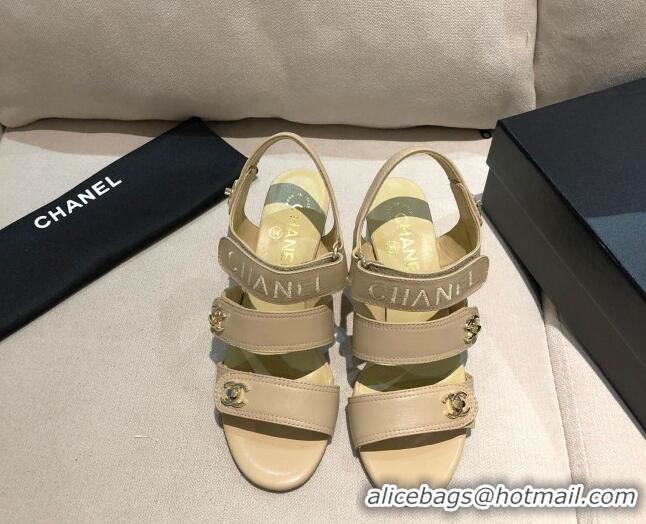 Low Price Chanel Lambskin Heel Sandals 8cm G37387 Apricot