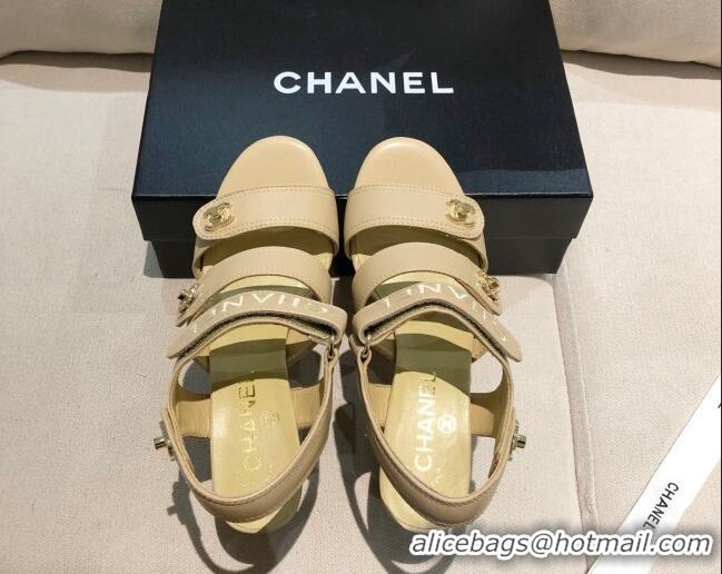 Low Price Chanel Lambskin Heel Sandals 8cm G37387 Apricot