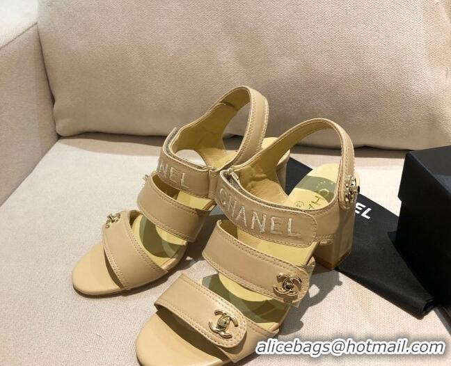 Low Price Chanel Lambskin Heel Sandals 8cm G37387 Apricot