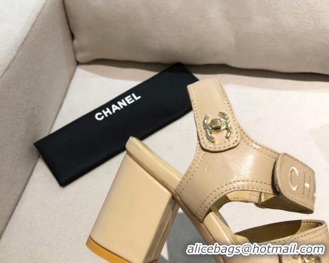 Low Price Chanel Lambskin Heel Sandals 8cm G37387 Apricot