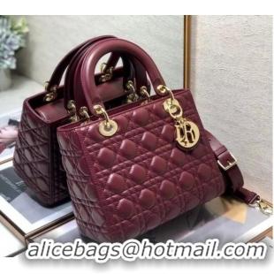 Top Quality MEDIUM LADY DIOR BAG Cherry Red Cannage Lambskin M0565O