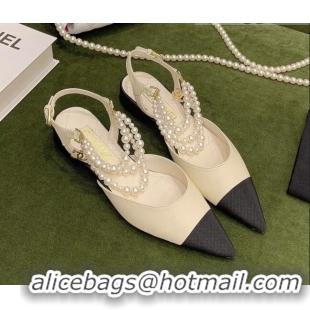 Charming Chanel Lambskin Slingbacks With Imitation Pearls G37534 Off-white 2021