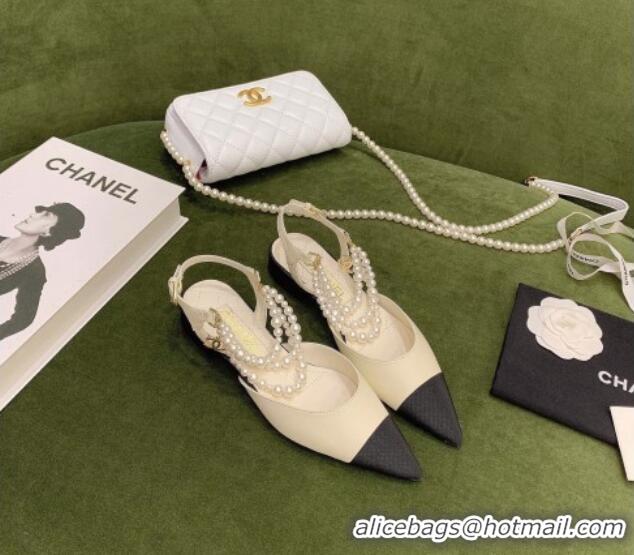 Charming Chanel Lambskin Slingbacks With Imitation Pearls G37534 Off-white 2021