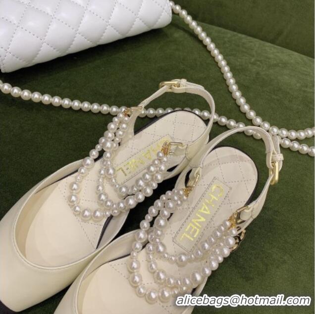 Charming Chanel Lambskin Slingbacks With Imitation Pearls G37534 Off-white 2021