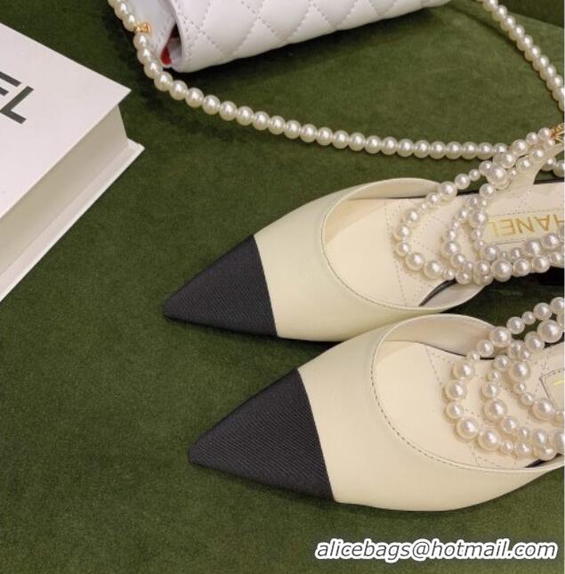 Charming Chanel Lambskin Slingbacks With Imitation Pearls G37534 Off-white 2021