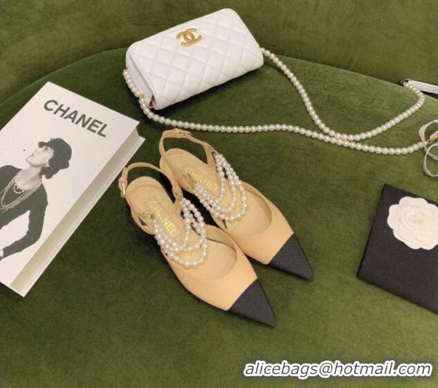 Good Product Chanel Lambskin Slingbacks With Imitation Pearls G37534 Apricot 2021