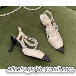 Best Price Chanel Lambskin Slingbacks With Heel Imitation Pearls G37532 Off-white 2021