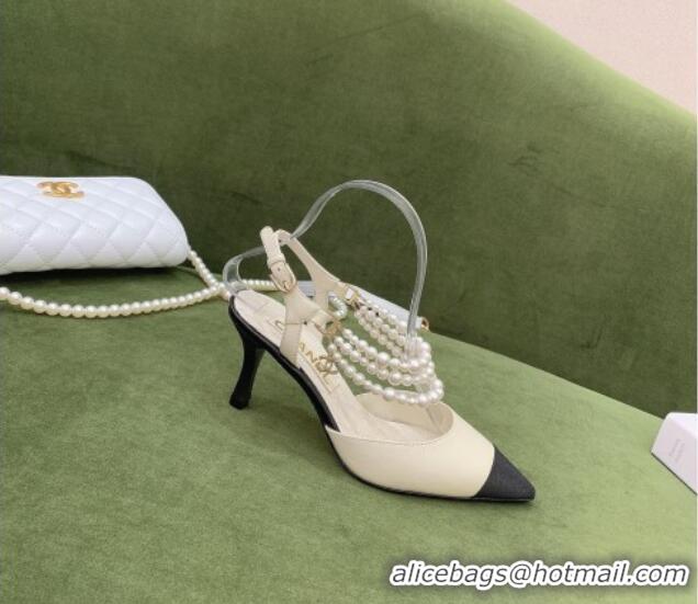 Best Price Chanel Lambskin Slingbacks With Heel Imitation Pearls G37532 Off-white 2021