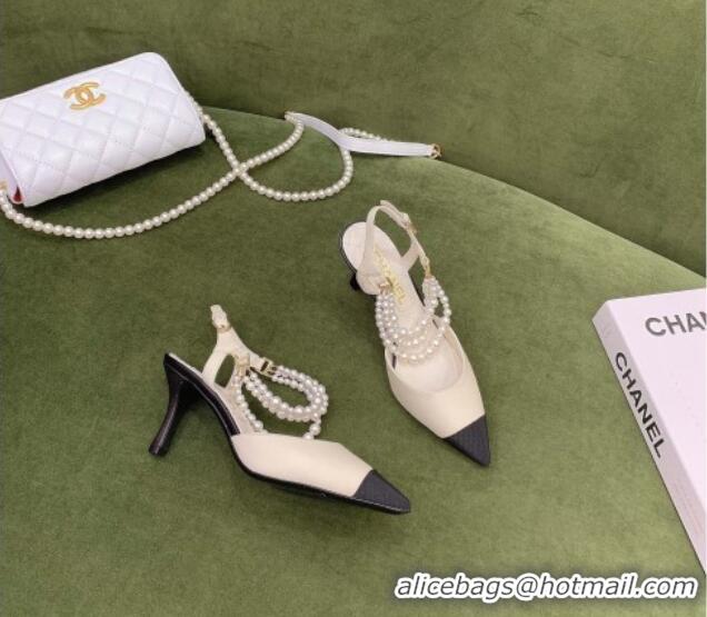 Best Price Chanel Lambskin Slingbacks With Heel Imitation Pearls G37532 Off-white 2021