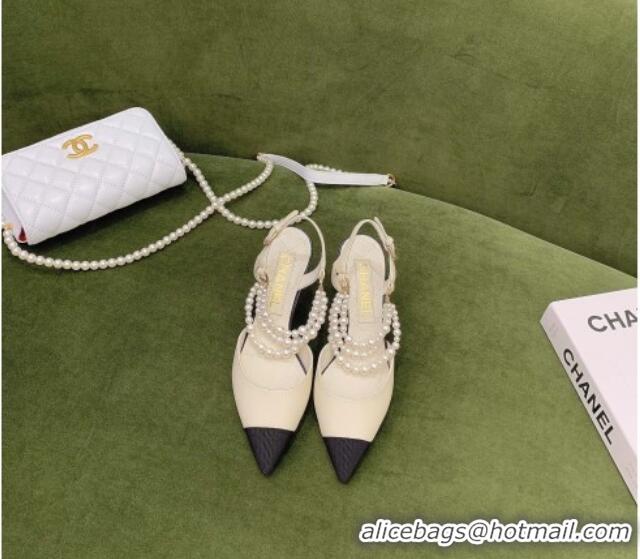 Best Price Chanel Lambskin Slingbacks With Heel Imitation Pearls G37532 Off-white 2021