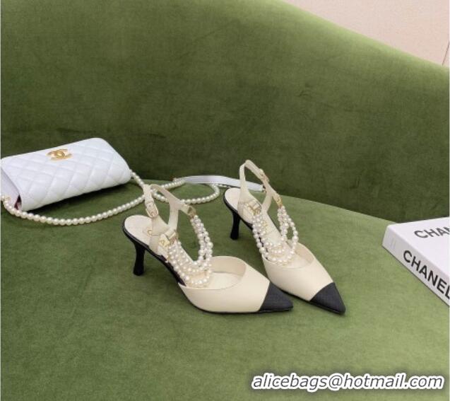 Best Price Chanel Lambskin Slingbacks With Heel Imitation Pearls G37532 Off-white 2021