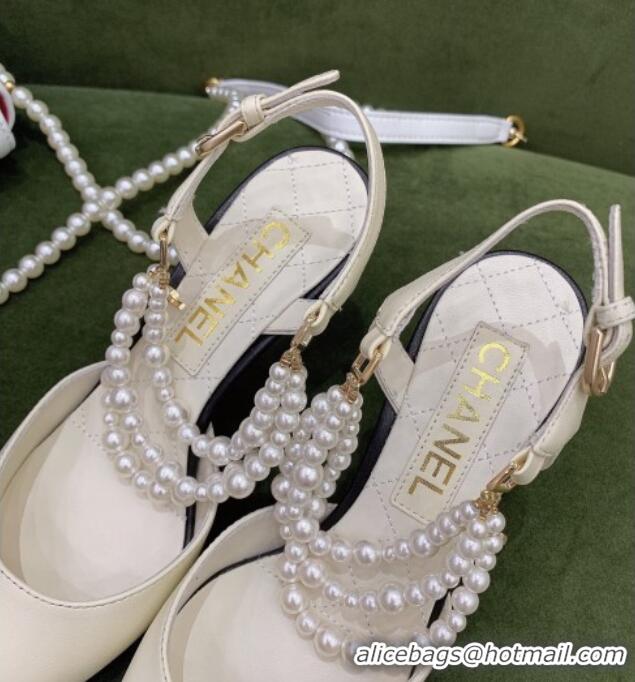 Best Price Chanel Lambskin Slingbacks With Heel Imitation Pearls G37532 Off-white 2021