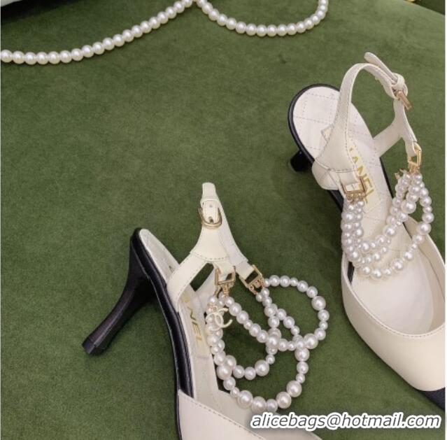 Best Price Chanel Lambskin Slingbacks With Heel Imitation Pearls G37532 Off-white 2021