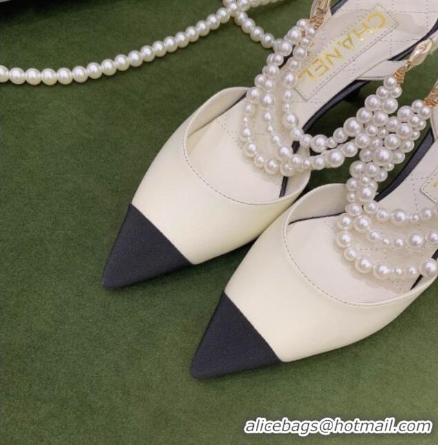 Best Price Chanel Lambskin Slingbacks With Heel Imitation Pearls G37532 Off-white 2021