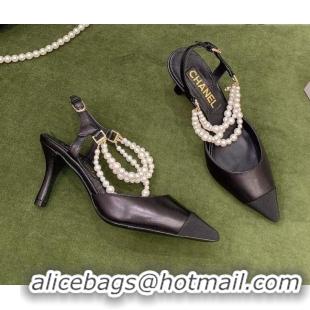 Best Design Chanel Lambskin Slingbacks With Heel Imitation Pearls G37532 Black