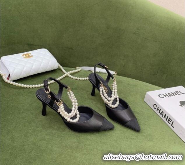 Best Design Chanel Lambskin Slingbacks With Heel Imitation Pearls G37532 Black