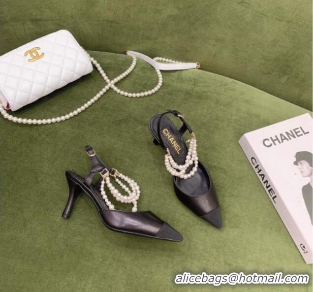 Best Design Chanel Lambskin Slingbacks With Heel Imitation Pearls G37532 Black