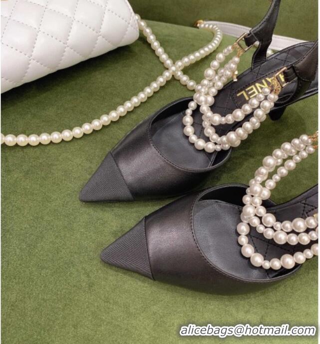 Best Design Chanel Lambskin Slingbacks With Heel Imitation Pearls G37532 Black