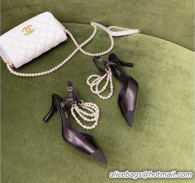 Best Design Chanel Lambskin Slingbacks With Heel Imitation Pearls G37532 Black