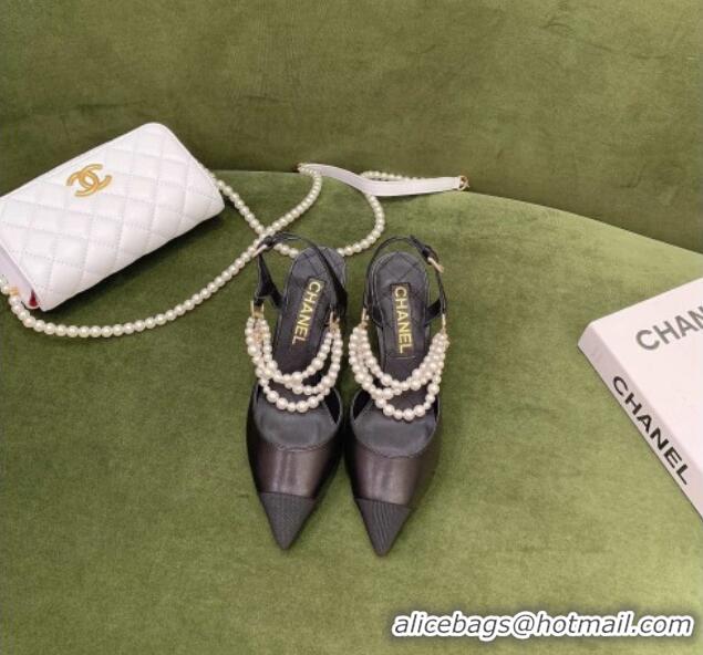 Best Design Chanel Lambskin Slingbacks With Heel Imitation Pearls G37532 Black