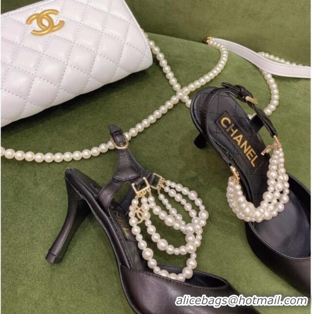 Best Design Chanel Lambskin Slingbacks With Heel Imitation Pearls G37532 Black