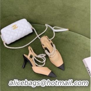 Custom Chanel Lambskin Slingbacks With Heel Imitation Pearls G37532 Apricot 2021