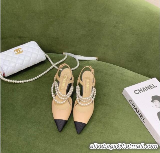 Custom Chanel Lambskin Slingbacks With Heel Imitation Pearls G37532 Apricot 2021