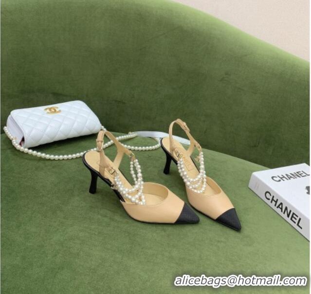 Custom Chanel Lambskin Slingbacks With Heel Imitation Pearls G37532 Apricot 2021