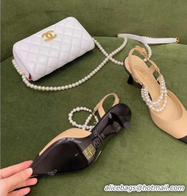 Custom Chanel Lambskin Slingbacks With Heel Imitation Pearls G37532 Apricot 2021