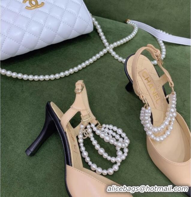 Custom Chanel Lambskin Slingbacks With Heel Imitation Pearls G37532 Apricot 2021