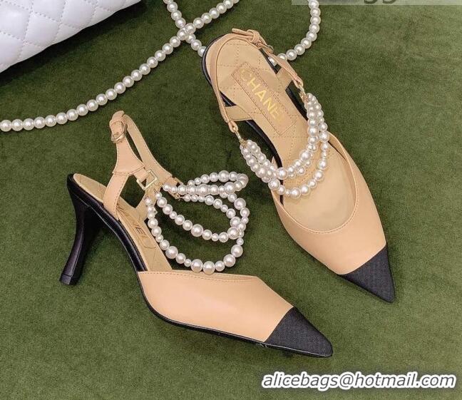 Custom Chanel Lambskin Slingbacks With Heel Imitation Pearls G37532 Apricot 2021