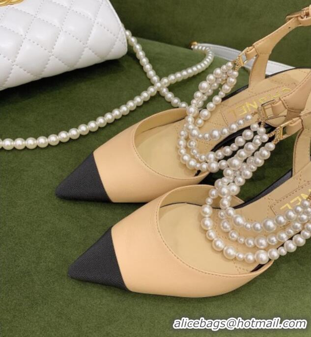 Custom Chanel Lambskin Slingbacks With Heel Imitation Pearls G37532 Apricot 2021